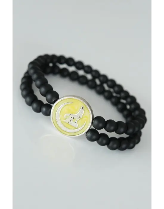 Bozkurt Figürlü Sarı Renk Silver Metal Aksesuarlı Çift Sıra Oniks Doğal Taş Erkek Bileklik