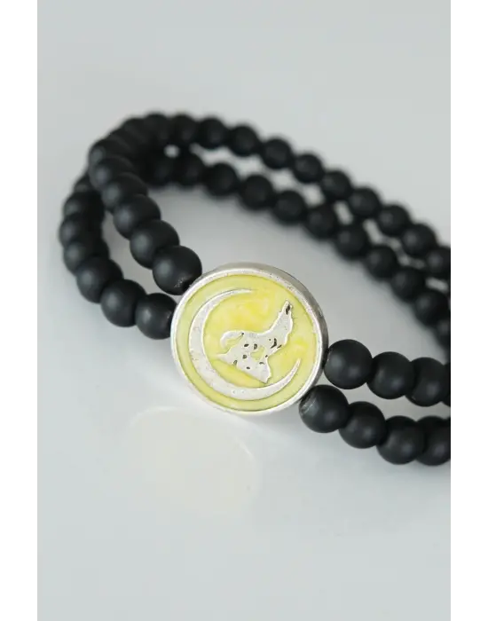 Bozkurt Figürlü Sarı Renk Silver Metal Aksesuarlı Çift Sıra Oniks Doğal Taş Erkek Bileklik