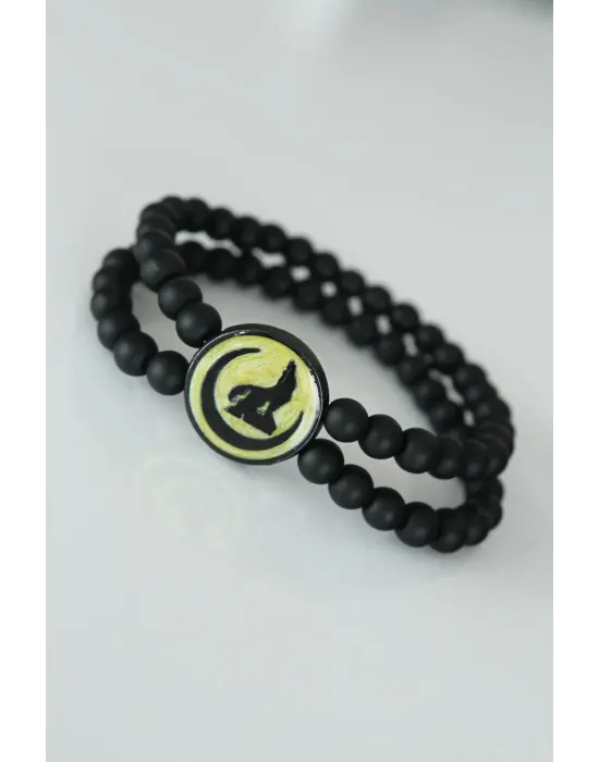 Bozkurt Figürlü Sarı Renk Siyah Metal Aksesuarlı Çift Sıra Oniks Doğal Taş Erkek Bileklik