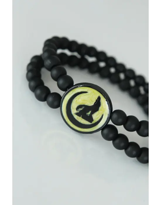 Bozkurt Figürlü Sarı Renk Siyah Metal Aksesuarlı Çift Sıra Oniks Doğal Taş Erkek Bileklik