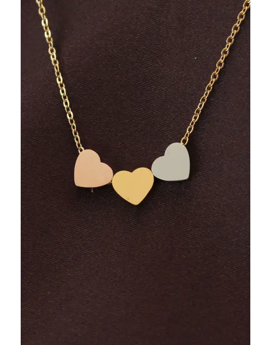 Çelik 3 Renkli Minimal 3lü Kalp Kolye