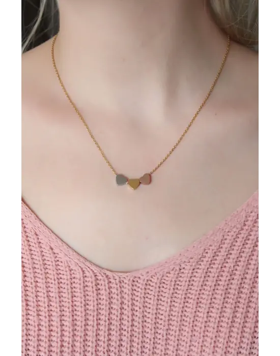 Çelik 3 Renkli Minimal 3lü Kalp Kolye