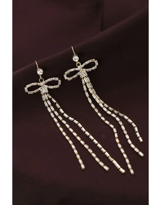 Çelik Altın Renk Baget Taşlı Fiyonk Detaylı Uzun Küpe