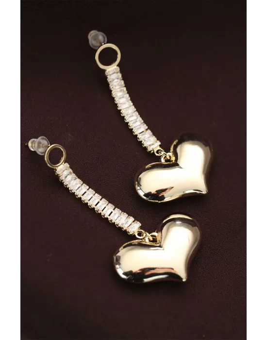 Çelik Altın Renk Baget Taşlı Kalp Küpe