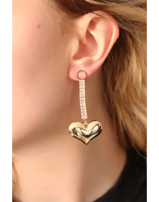 Çelik Altın Renk Baget Taşlı Kalp Küpe