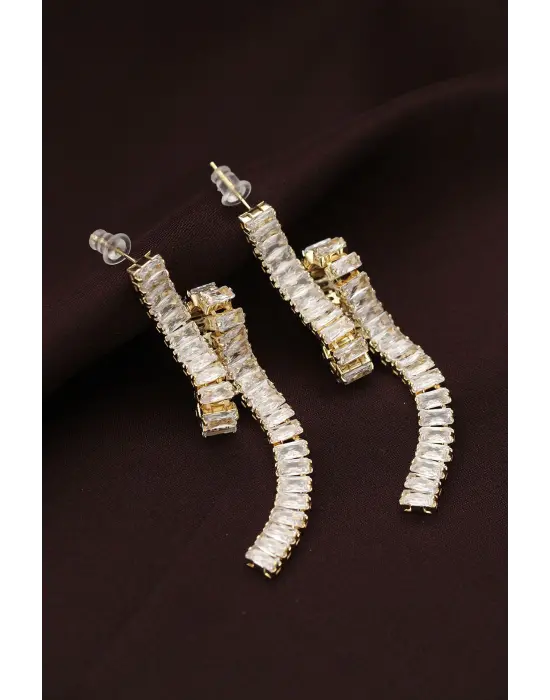 Çelik Altın Renk Baget Taşlı Sarmal Detaylı Sallantılı Küpe