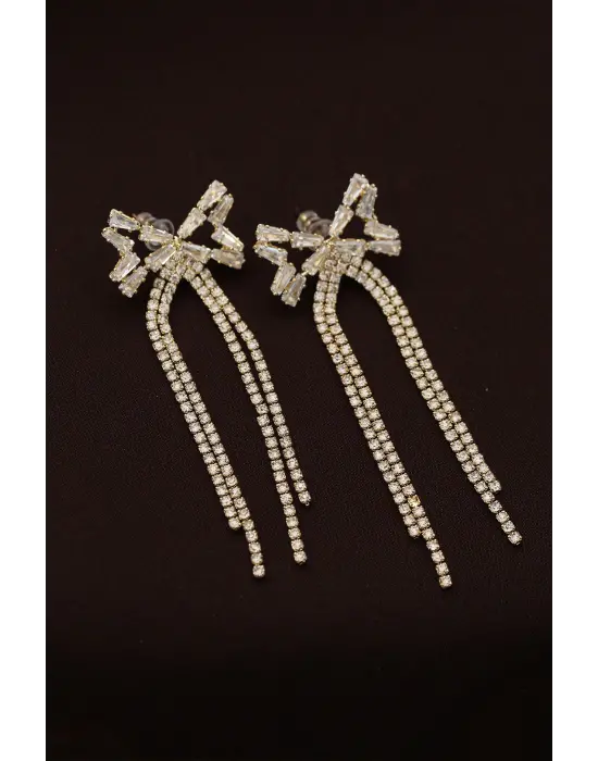 Çelik Altın Renk Baget ve Zirkon Taşlı Fiyonk Detaylı Uzun Küpe