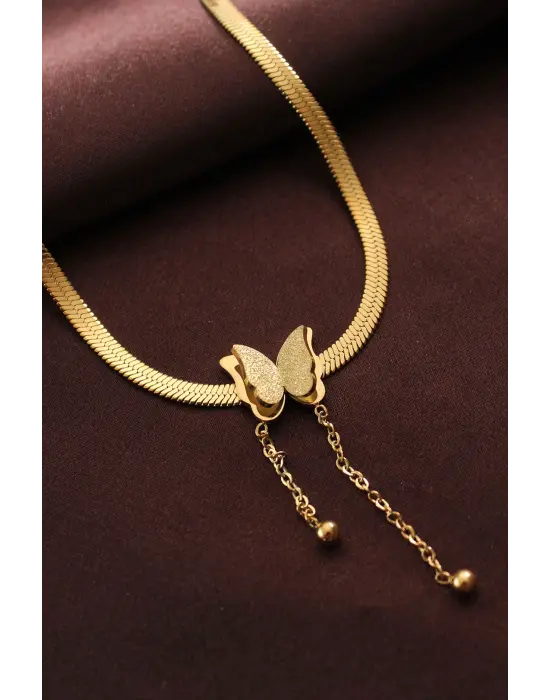 Çelik Altın  Kelebek İtalyan Zincir Çelik Kolye