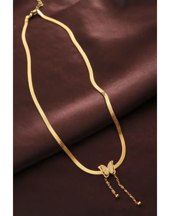 Çelik Altın  Kelebek İtalyan Zincir Çelik Kolye