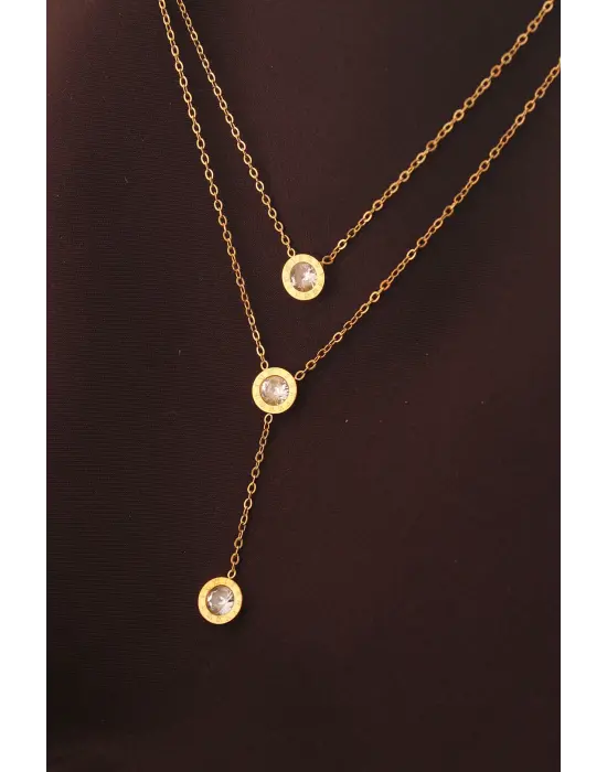 Çelik Altın Renk Taşlı Oval Model Çift Zincir Kolye