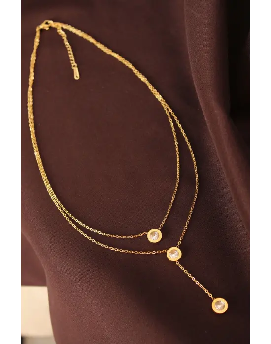 Çelik Altın Renk Taşlı Oval Model Çift Zincir Kolye