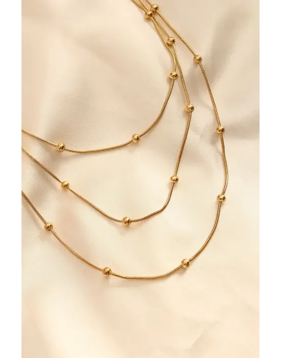 Çelik Altın li Topçuk Tasarımlı Çoklu Çelik Kolye