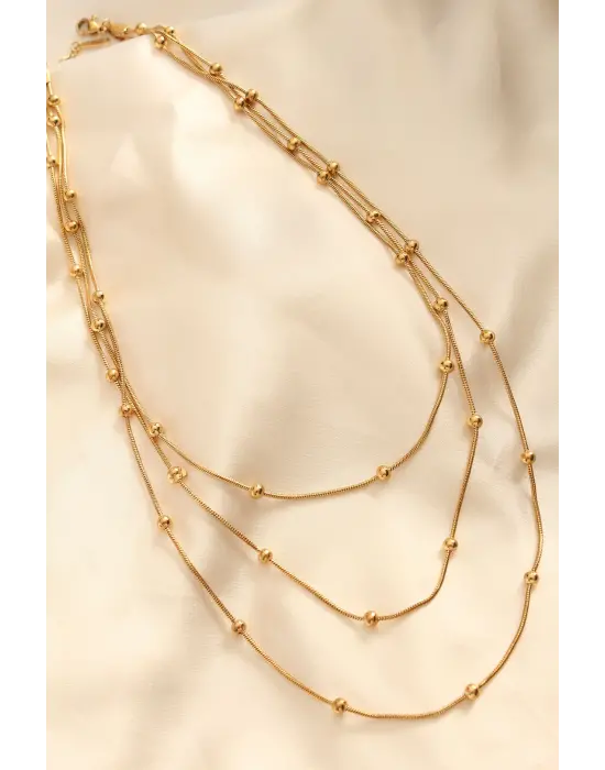 Çelik Altın li Topçuk Tasarımlı Çoklu Çelik Kolye