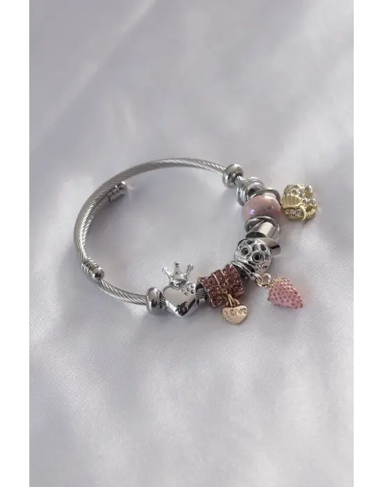 Çelik Charm Model Pembe Çilek Figür Kalp Detay Zirkon Taşlı Kadın Bileklik