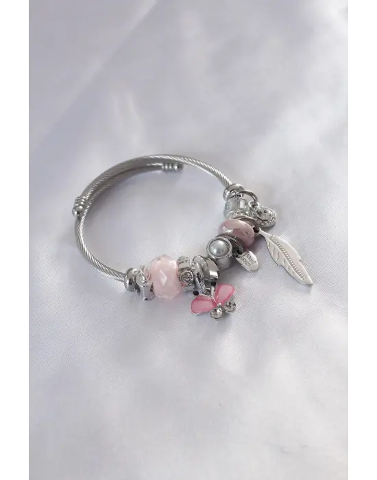 Çelik Charm Model Pembe Kelebek Figür Tüy Detay Zirkon Taşlı Kadın Bileklik