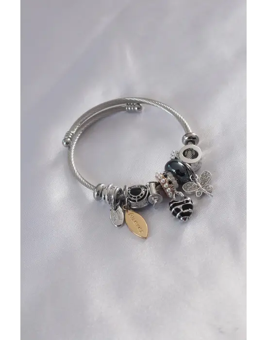 Çelik Charm Model Siyah Kalp Figür Kelebek Detay Zirkon Taşlı Kadın Bileklik