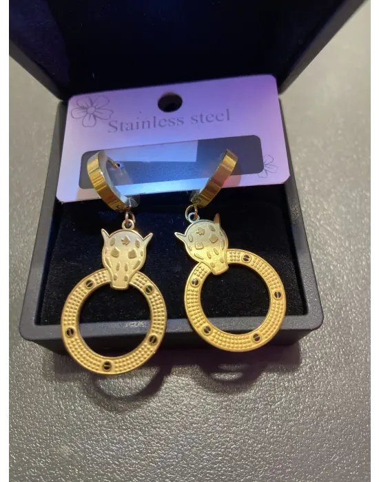 Çelik Gold Panter Başlı Halka Sallantılı Kadın Küpe