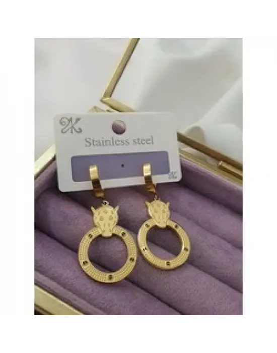 Çelik Gold Panter Başlı Halka Sallantılı Kadın Küpe