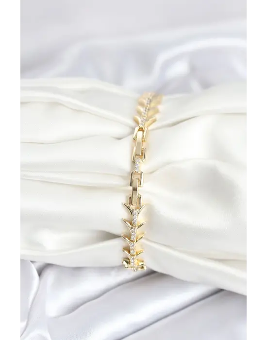 Çelik Gold Renk Balık Sırtı Model Zirkon Taşlı Kadın Bileklik