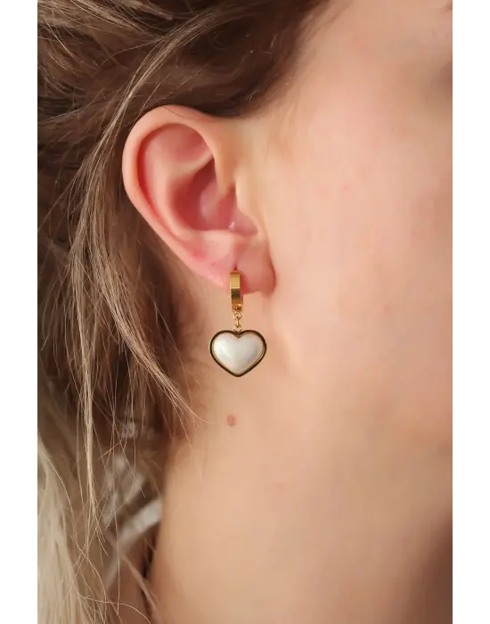  Altın Beyaz Bombeli Kalp Küpe