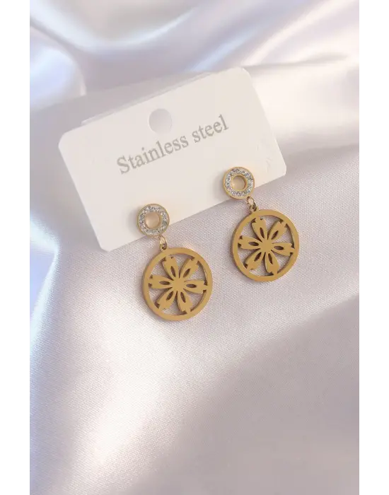 Çelik Gold Renk Çiçek Figür Zirkon Taş Detay Kadın Küpe
