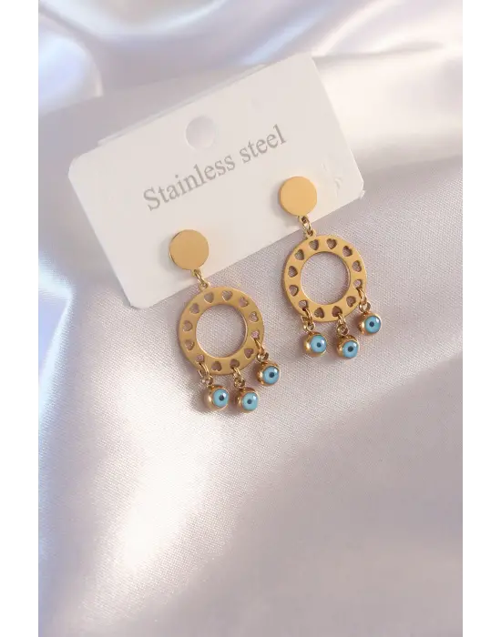 Çelik Gold Renk Daire Model Nazar Boncuk Detay Kadın Küpe