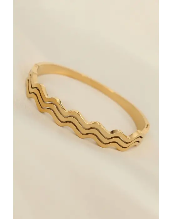 Çelik Gold Renk Dalgalı Model Kelepçe Bilezik
