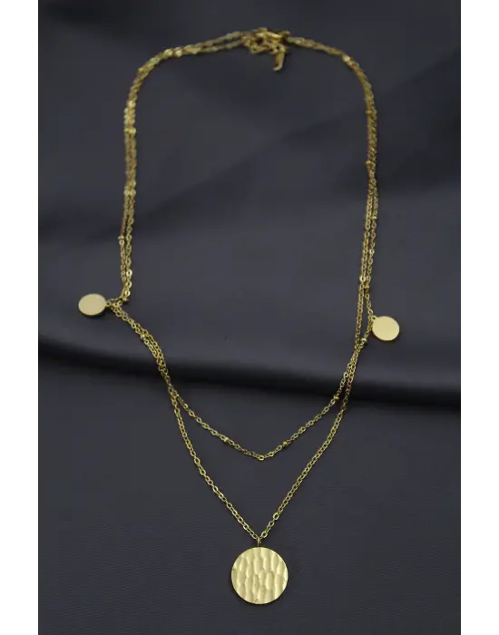 Çelik Gold Renk Desenli Oval Model Çift Zincir Tasarımlı Kadın Kolye