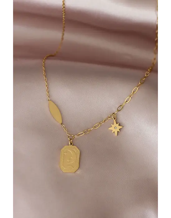 Çelik Gold Renk Gökyüzü Tasarımlı Zirkon Taşlı Kadın Kolye