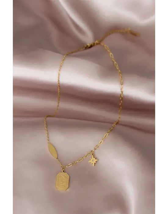 Çelik Gold Renk Gökyüzü Tasarımlı Zirkon Taşlı Kadın Kolye