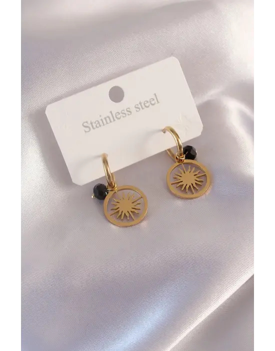 Çelik Gold Renk Güneş Figür Siyah Kristal Detay Kadın Küpe