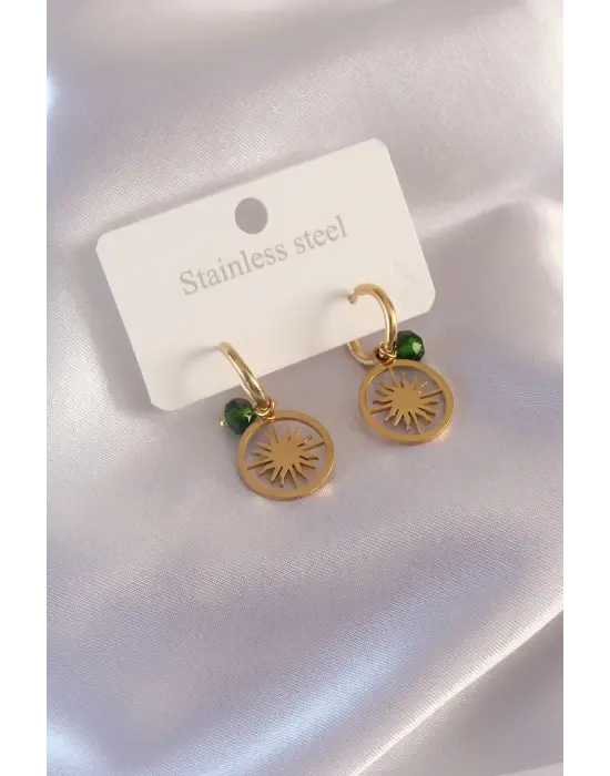 Çelik Gold Renk Güneş Figür Yeşil Kristal Detay Kadın Küpe