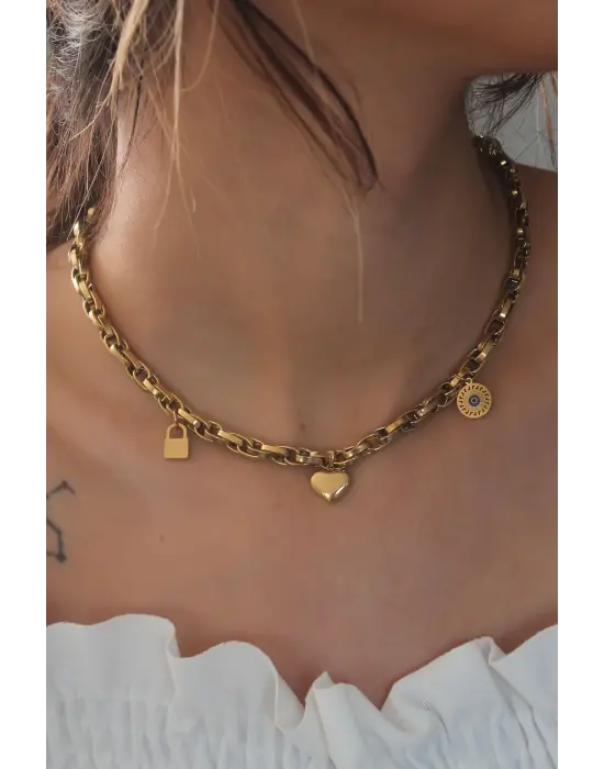Çelik Gold Renk Kalın Zincir Model Kalp Figür Kadın Kolye