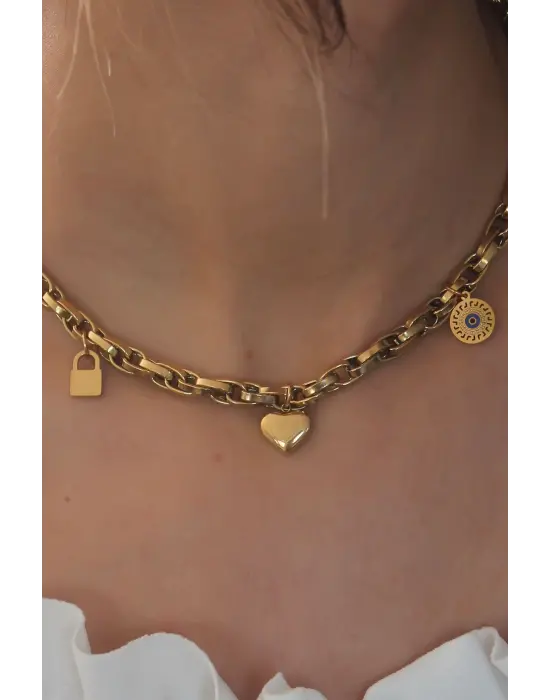 Çelik Gold Renk Kalın Zincir Model Kalp Figür Kadın Kolye