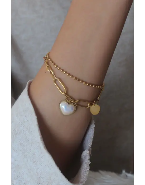 Çelik Gold Renk Kalp Figür 2li Kadın Bileklik