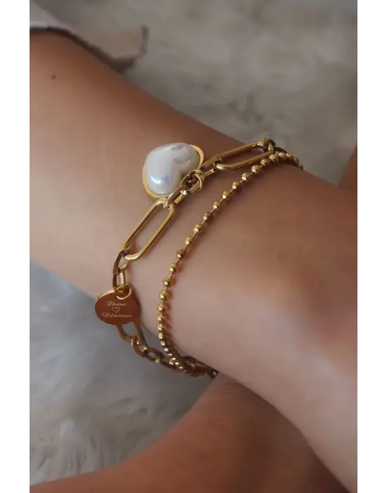 Çelik Gold Renk Kalp Figür 2li Kadın Bileklik