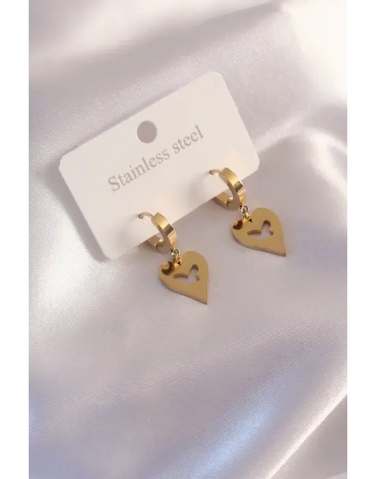 Çelik Gold Renk Kalp Model Kelebek Detay Kadın Küpe