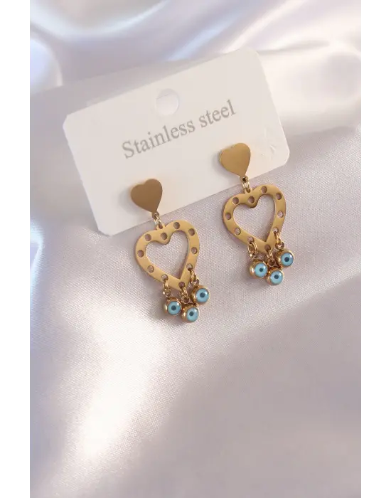 Çelik Gold Renk Kalp Model Nazar Boncuk Detay Kadın Küpe