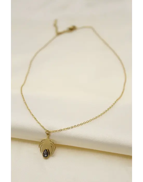 Çelik Gold Renk Kristal Taşlı Yaprak Model Kadın Kolye