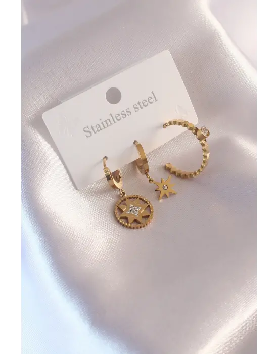 Çelik Gold Renk Kutup Yıldızı Figür Zirkon Taşlı Kadın Küpe Seti