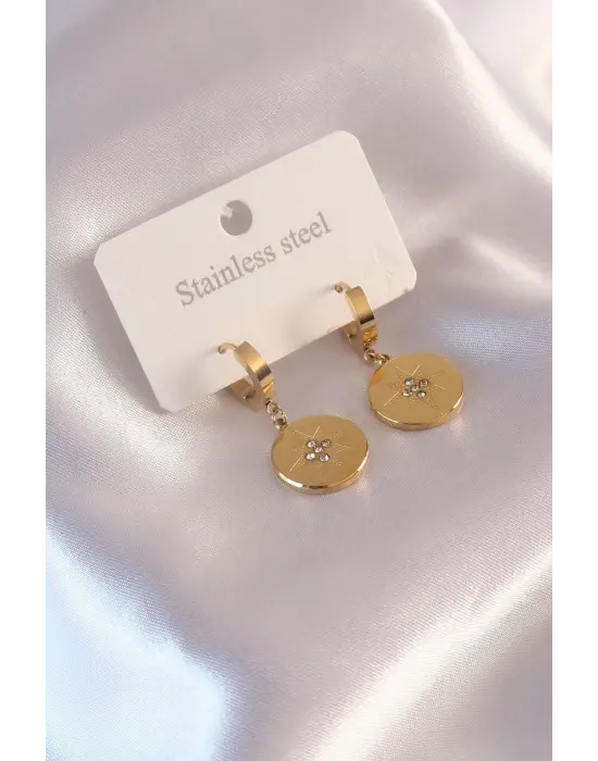  Altın Kutup Yıldızı İşleme Zirkon Taşlı Çelik Küpe