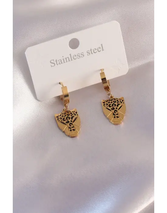 Çelik Gold Renk Leopar Figür Kadın Küpe