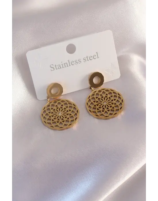 Çelik Gold Renk Lotus Çiçek Zirkon Taş Detay Kadın Küpe