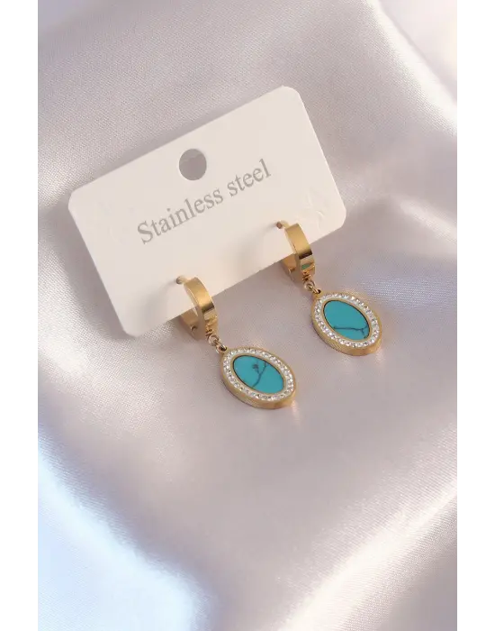 Çelik Gold Renk Mavi Boncuklu Zirkon Taşlı Kadın Küpe