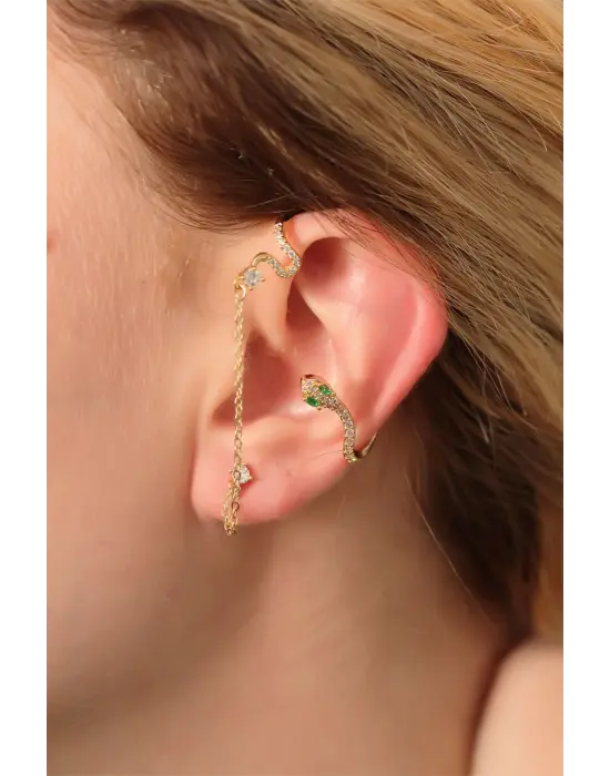 Çelik Gold Renk Taşlı Yılan Model Küpe