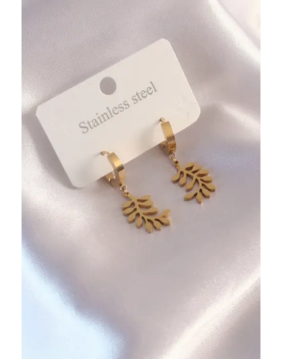 Çelik Gold Renk Yaprak Figür Kadın Küpe