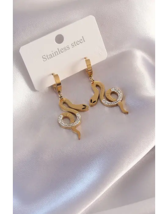 Çelik Gold Renk Yılan Figür Zirkon Taşlı Kadın Küpe