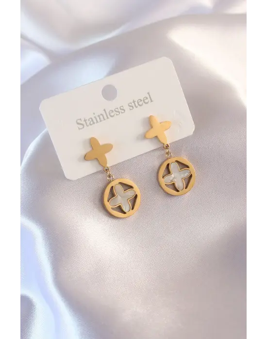 Çelik Gold Renk Yonca Model Kadın Küpe