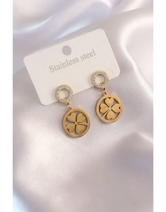Çelik Gold Renk Yonca Model Zirkon Taş Detay Kadın Küpe