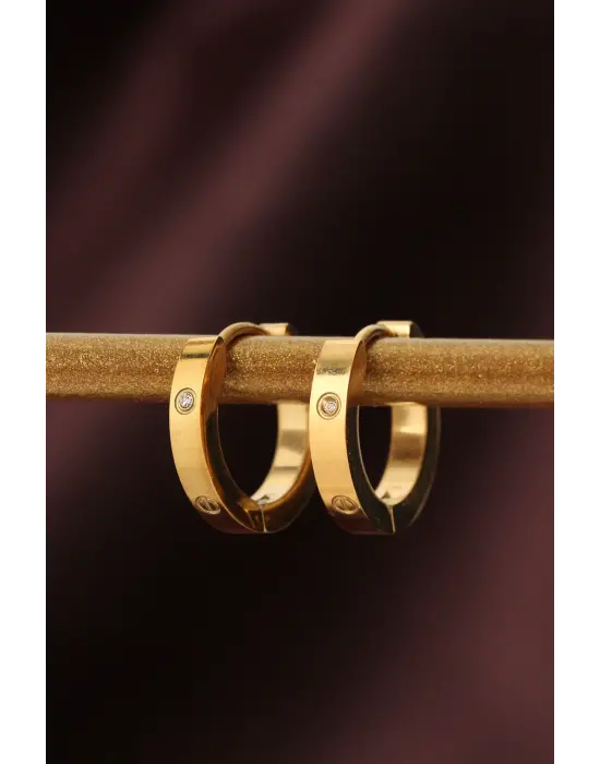 Çelik Gold Renk Zirkon Taş Detay Halka Küpe